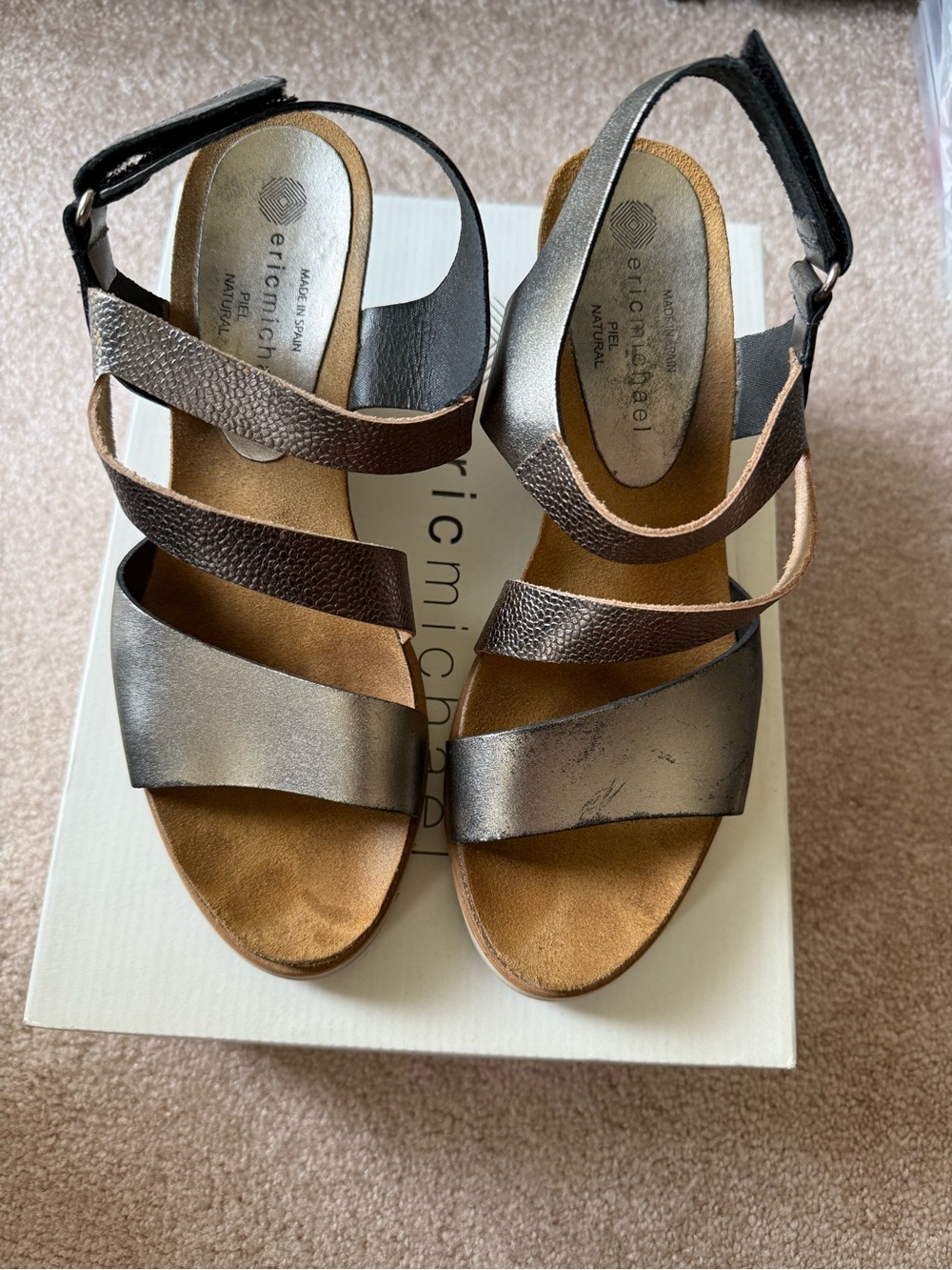 Eric Michael Delaney Pewter Leather Wedge Sandals